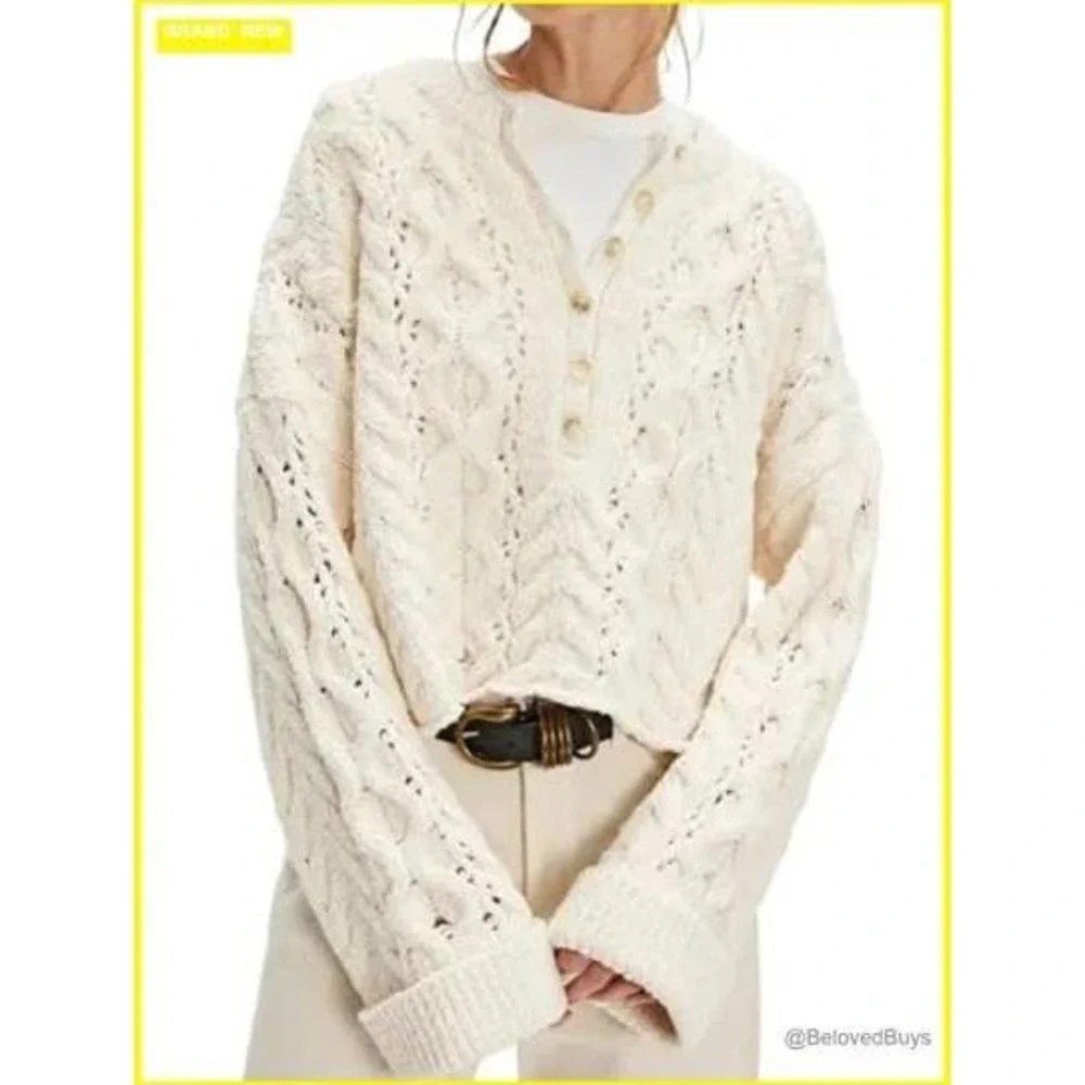 Free People Polly Cable Knit Cropped Cuffed Wrist Button Front Chunky Sweater LG